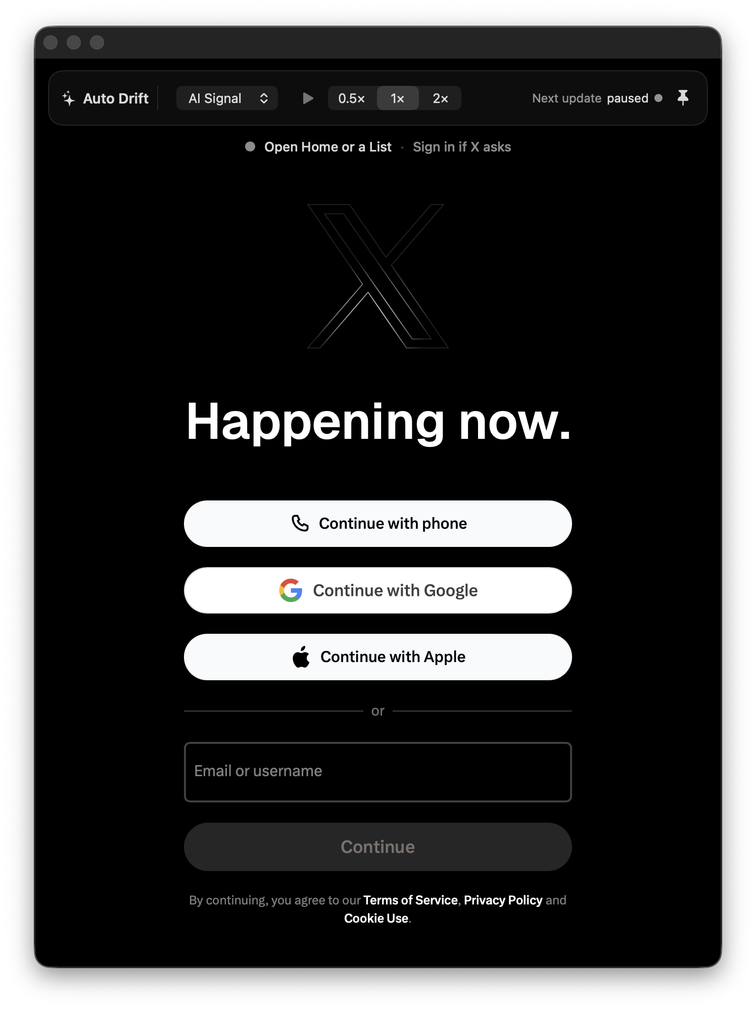 Auto Drift showing the X sign-in screen in a compact native macOS window
